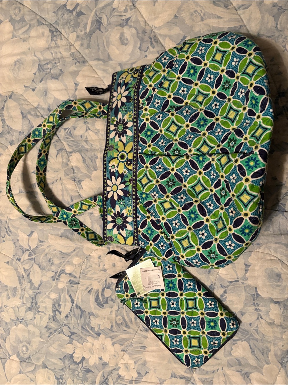 Vera Bradley Green & Blue Patterned Quilted Purse with Matching Wallet!